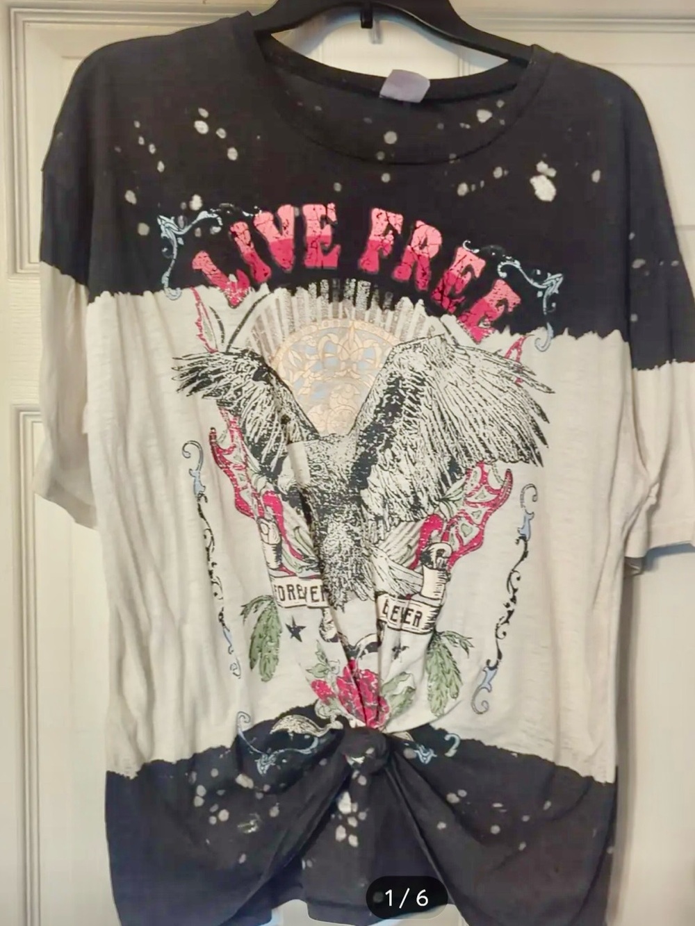 Live Free Graphic Eagle Tie-Front Tee - Black & White with Pink Accents